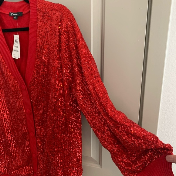 NWT INC Sequined RED Long Boyfriend Cardigan Large Get your “Shimmer On” - Picture 6 of 9